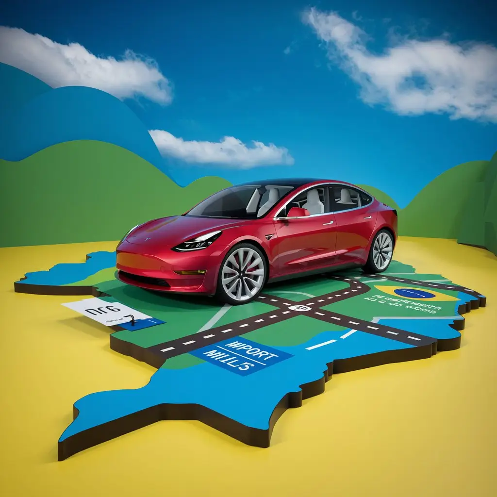 Tesla Model 3 vermelho sobre um mapa do Brasil com documentos de importação e estrada.