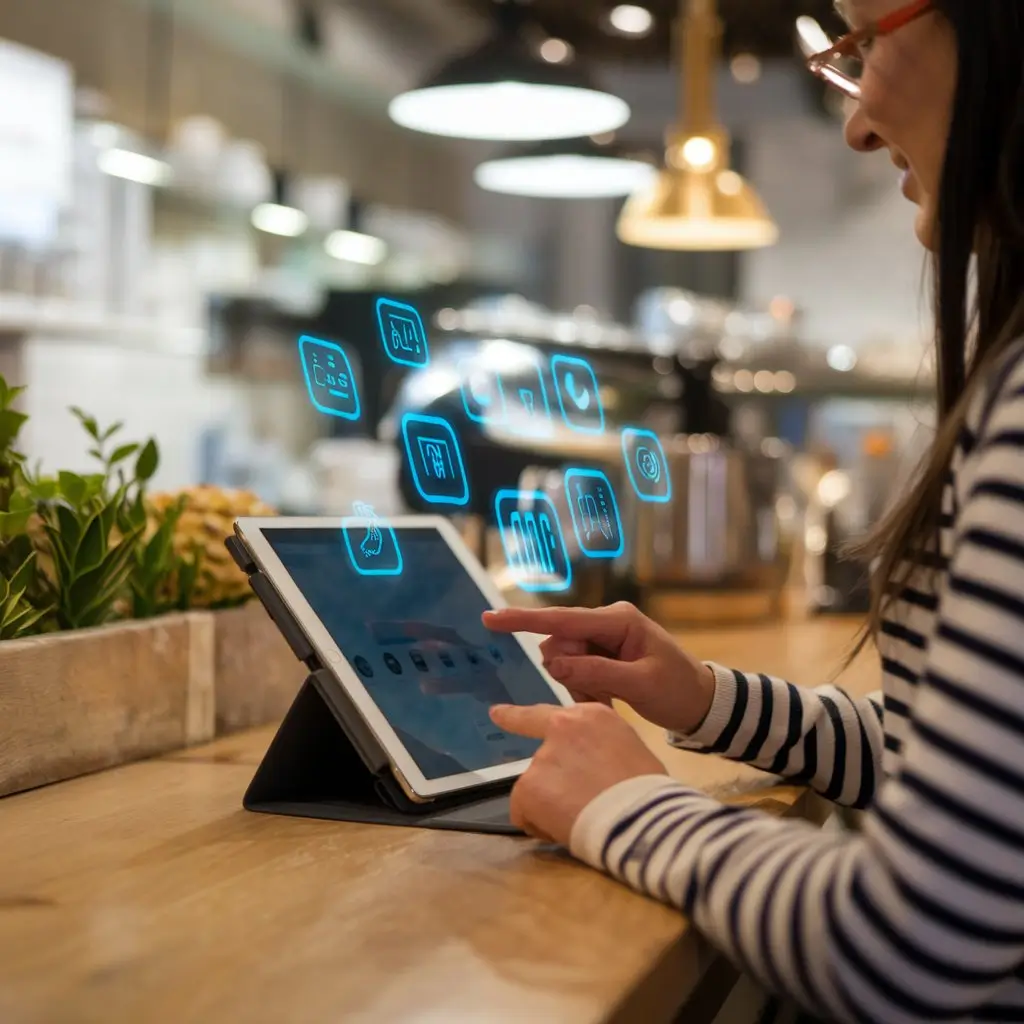 Pequenos negócios, como restaurantes e salões, utilizando tecnologia para fidelização de clientes com tablet.